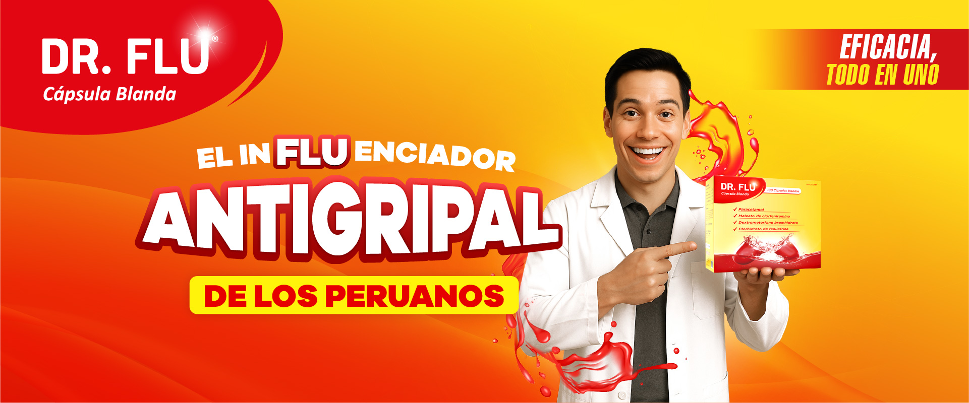 Banner principal del Antigripal Dr. Flu en Perú, eficacia todo en uno